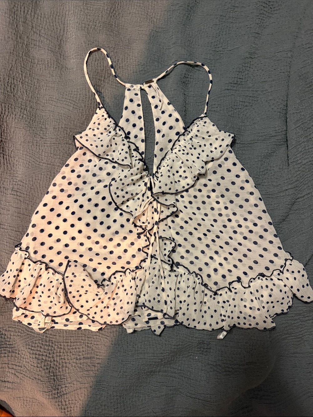 Free People White Tank Top with Navy Polka Dots and Ruffles